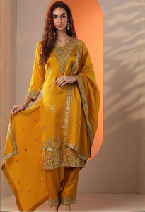Products: Memsaab Mustard Yellow Embroidered Kurta Set - Memsaab