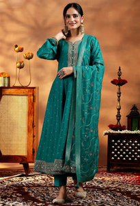 Products: Memsaab Elegant Rama Green Embroidered Silk Blend Anarkali Suit Set - Memsaab