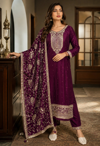 Products: Memsaab Burgundy Silk Suit Set - Memsaab