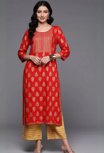 Products: Memsaab Red and Gold Printed Kurta - Memsaab