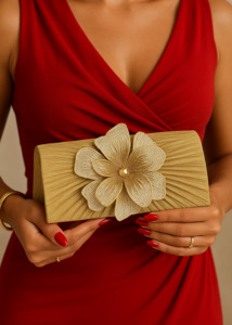 Accessories: Gold Evening Clutch with Flower