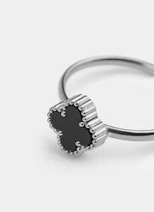 Black 4 Leaf Clover Adjustable Ring -  Stainless Steel