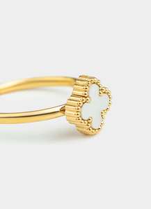 Four Leaf Clover White Adjustable Ring - 18K Gold Plated