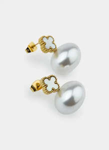 Earrings: Mini Four Leaf Pearl Earrings - 18K Gold Plated