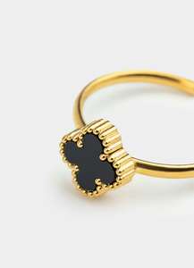 Rings Category: Four Leaf Clover Black Adjustable Ring - 18K Gold Plated