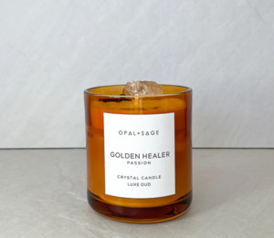 Opal Sage: Golden Healer Quartz Crystal Candle | Large