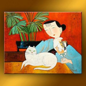 Paintings: 100% Hand Oil Painting Woman and Cat, Ready to Hang up
