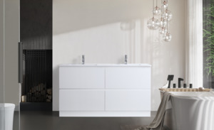 Bathroom: 1500MM | DNF FloorStanding Plywood | DOUBLE DRAWERS VANITY GLOSSY WHITE PAINT FINISHED