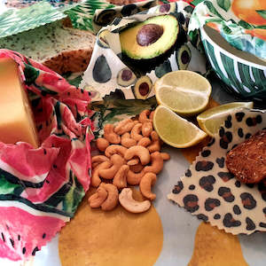 Accessories: Beeswax Wraps 3 Pack- Designs available - Bees, Avo's, Dino's, Foliage, Tropical, Organic Honeycomb or Kids Fun 3 pack.