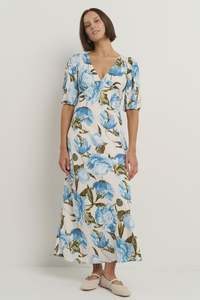 Fashion: Amora Blue Vintage Floral SS Bias Midi Dress