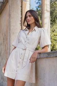 Fashion: Sundown Ecru Denim Puff Sleeve Mini Shirt Dress