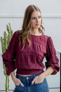 Imagine Burgundy Shirred Cotton Frill Sleeve LS Top
