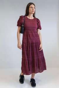 Featured Collection: Graceful Burgundy Shirred Cotton Bubble Short Sleeve Tiered Maxi Dress