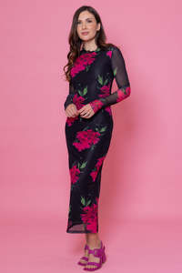 ARIANA MAXI MESH DRESS BLACK FLORAL
