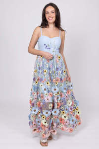 Augustine: SAVANNAH EMBROIDERED LACE MAXI DRESS BLUE