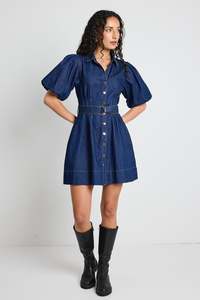 Among The Brave: Sundown Indigo Denim Puff Sleeve Mini Shirt Dress