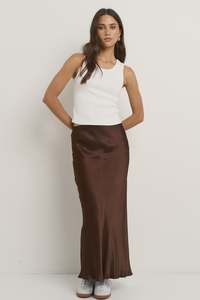 Rosette Chocolate Satin Bias Midi Skirt