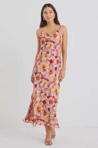 Fashion: Lavish Pink Multi Floral Tie Back Bias Slip Dress