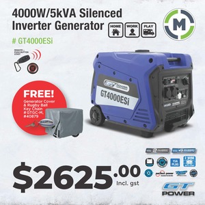 GT Power 4000W Silenced Inverter Generator - INCLUDES FREE STORAGE COVER