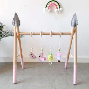 Baby Gym: Blush Wooden Baby Gym with 4 Felt Toys