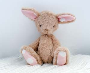 Frontpage: Mini Minky Snuggle Bunny in Tan and Pink Polka Dots