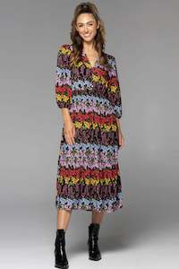 Polaroids Tiered Midi Dress Bouquet Stripe