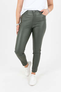 Denim: Maddi Khaki Wet Look Stretch Jean