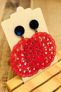 Over The Ditch: Red Filigree Circle With Black Stud Long Dangles