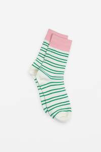 Sock White With Green Stripes And Pink Band