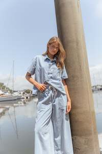 Saffra Short Sleeve Denim Shirt Medium Wash Blue Denim