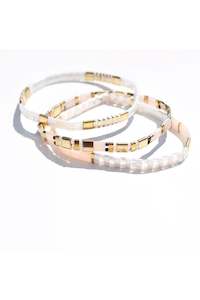 Queen Of Foxes: Glass Bead Bracelets Blush White + Gold Trio