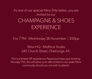 Minx Elite Champagne & Shoes Experience - 26 November