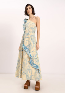 Dixie Fashion: Long Paisley Print One Shoulder Dress with Ruffled Detailing - Azzuro