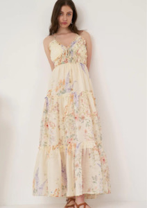 Primrose Silk Halter Neck Tiered Maxi Dress - Ivory Bouquet