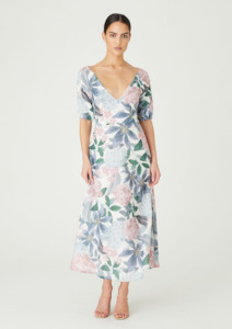 We Are Kindred: CLEARANCE Jude Puff Sleeve Midi Dress with Tie Back - Ivory Botanical