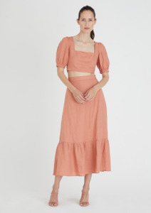 We Are Kindred: CLEARANCE Lucia Midi Skirt with Ruffle Hem - Terracotta