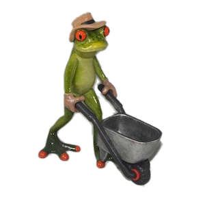 frog statue: Funky Frog with Wheelbarrow - Polyresin