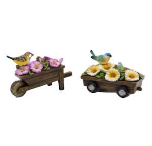 Birds & Flowers On Cart - Set of 2 - Poly Resin