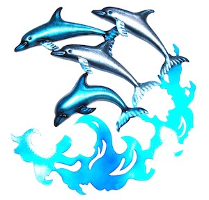 Dolphin Pod Metal Wall Art Hanging - blue