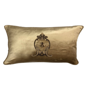 Hand Embroidered Cushion Cover - Antique gold w/ gold wreath