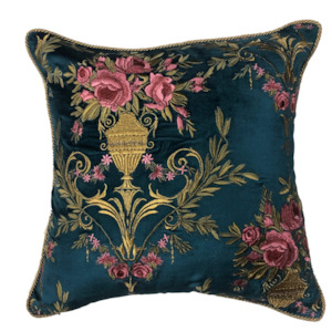 Hand Embroidered Cushion Cover - pink on blue chambrey