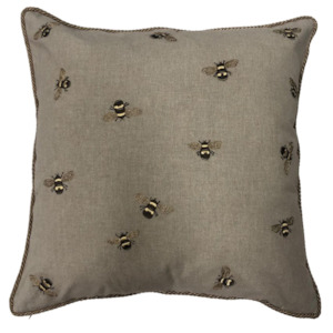 Hand Embroidered Cushion Cover - natural chambrey with bees