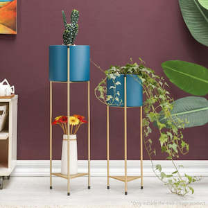 Home Decor Planters: 2 Layer Gold Metal Corner Plant Stand with Blue Pot Holder - 81cm