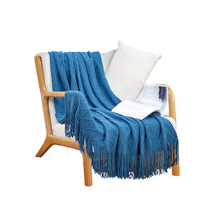 Home Bed Linen Throws And Blankets Blankets: Throw Blanket Diamond Pattern Knitted Throw with Tassels - Blue
