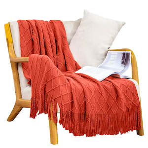 Throw Blanket Diamond Pattern Knitted Throw with Tassels - Red