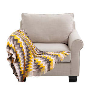 Zigzag Striped Acrylic Wave Knitted Throw Blanket Fringed - Yellow