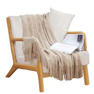 Throw Blanket Diamond Pattern Knitted Throw with Tassels - Beige