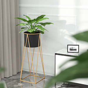 Gold Metal Corner Plant Stand with Black Pot Holder - 50cm