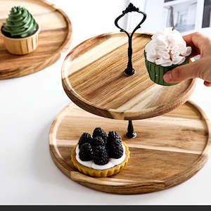 2 Tier Brown Round Wooden Acacia Dessert Tray Cake Stand - 15cm