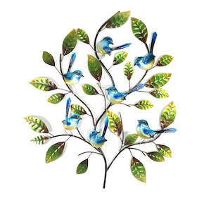 Fantails On Branches Metal Art Wall Hanging - Blue